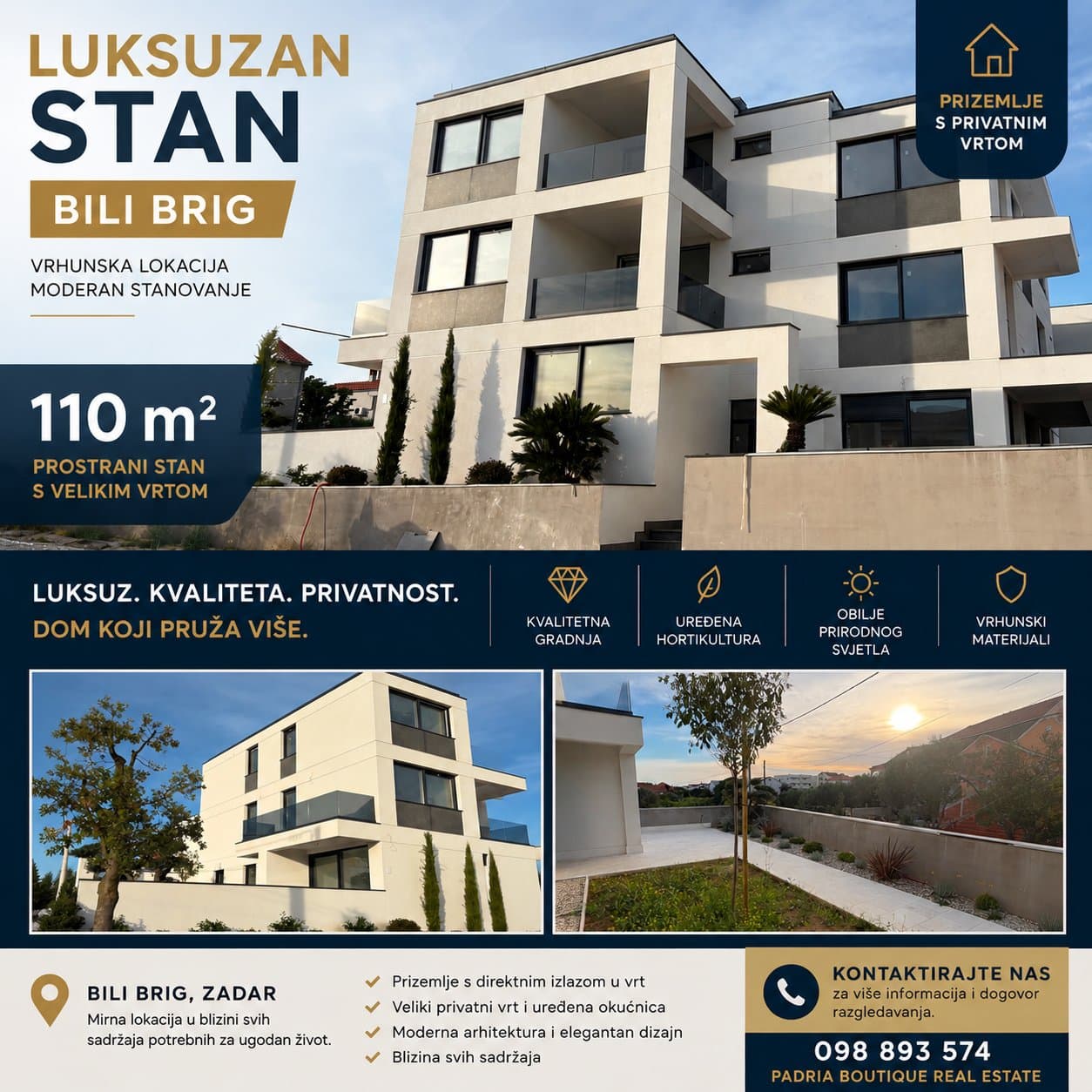 Apartman – 110 m² – Luksuzni stan na Bilom Brigu 110 m2, privatan hortikulturno uređen vrt – Zadar