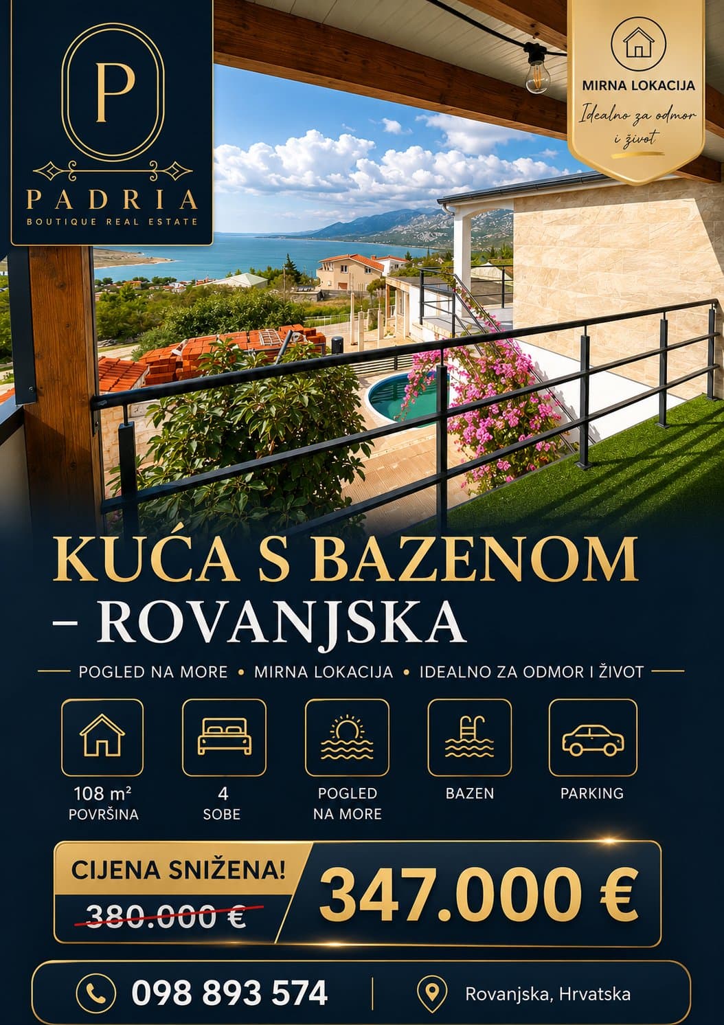 Kuća – 108 m² – Rovanjska kuća s bazenom, pogled na more - SNIŽENO – Zadar, Zadarska